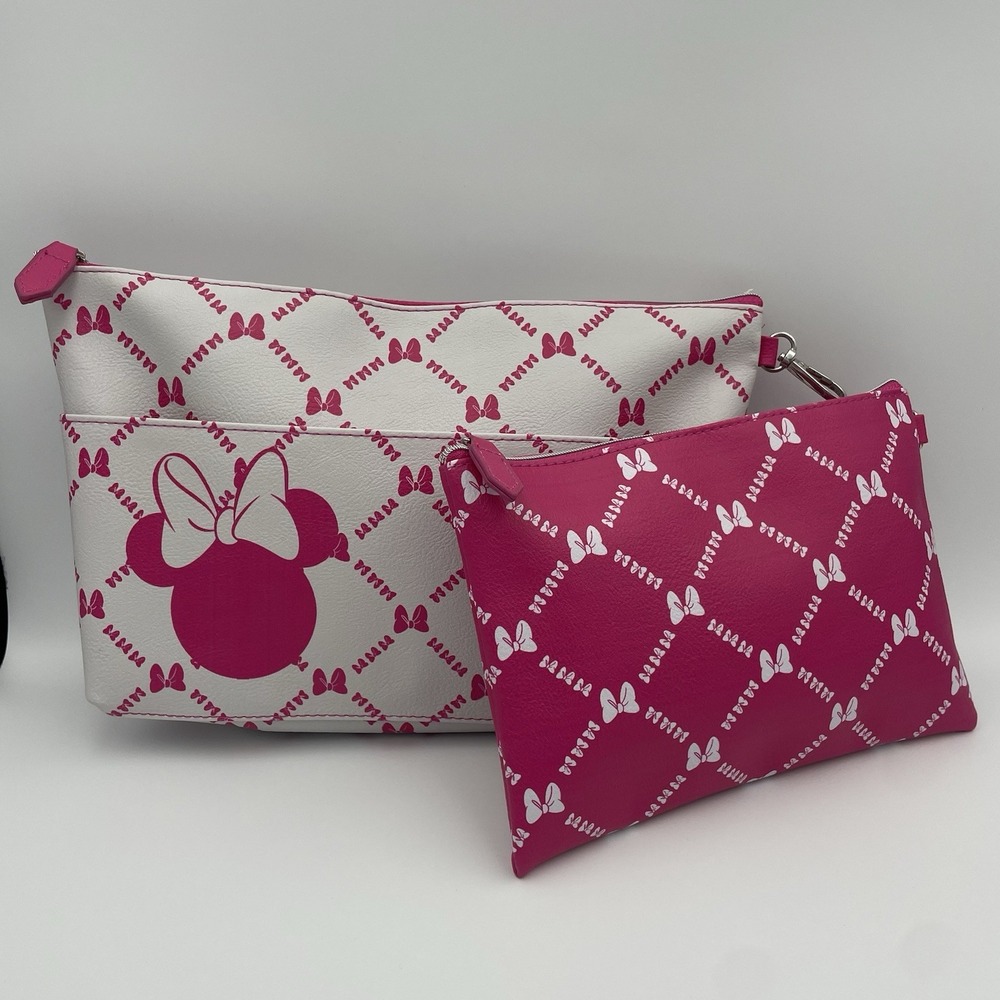 Disney Minnie Mouse White & Fuchsia Travel Pouch Set Of 2, New Without Tags